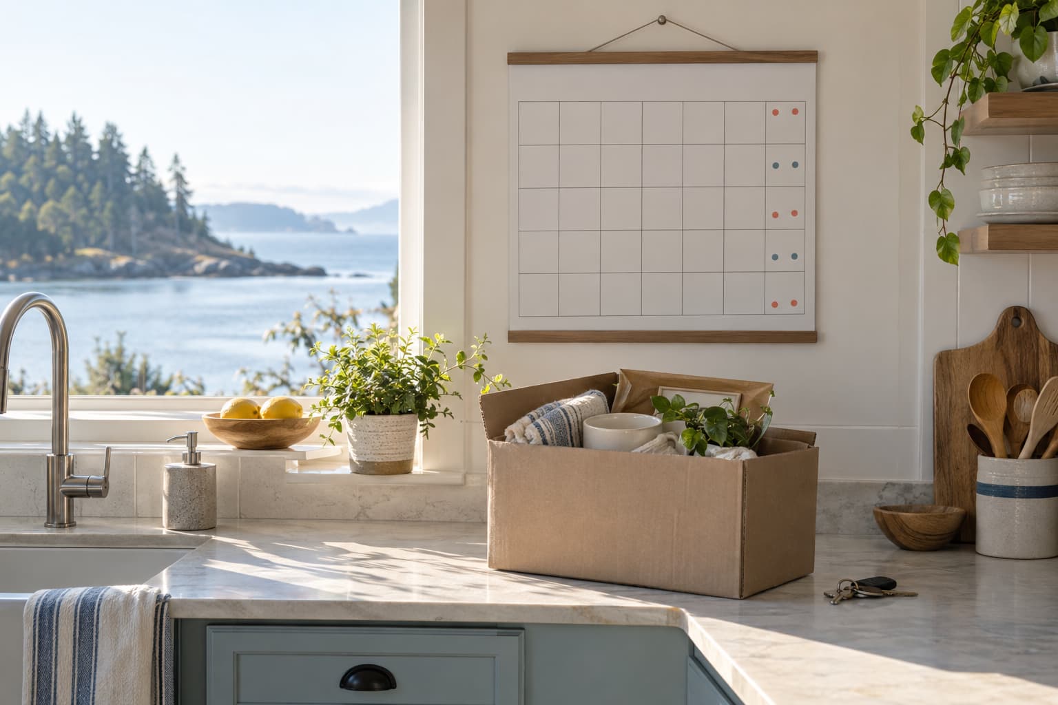 Wall calendar with summer weekends marked in a beach house kitchen, a moving box and a set of keys on the counter
