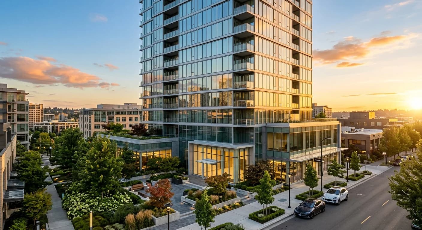 Downtown Bellevue condo tower at golden hour representing a condo listing for sale on the Eastside