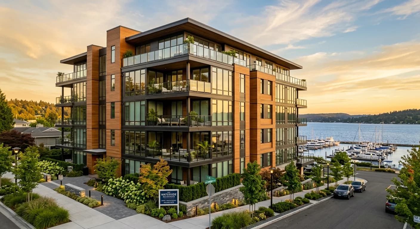 Downtown Kirkland waterfront condo building representing a condo listing for sale