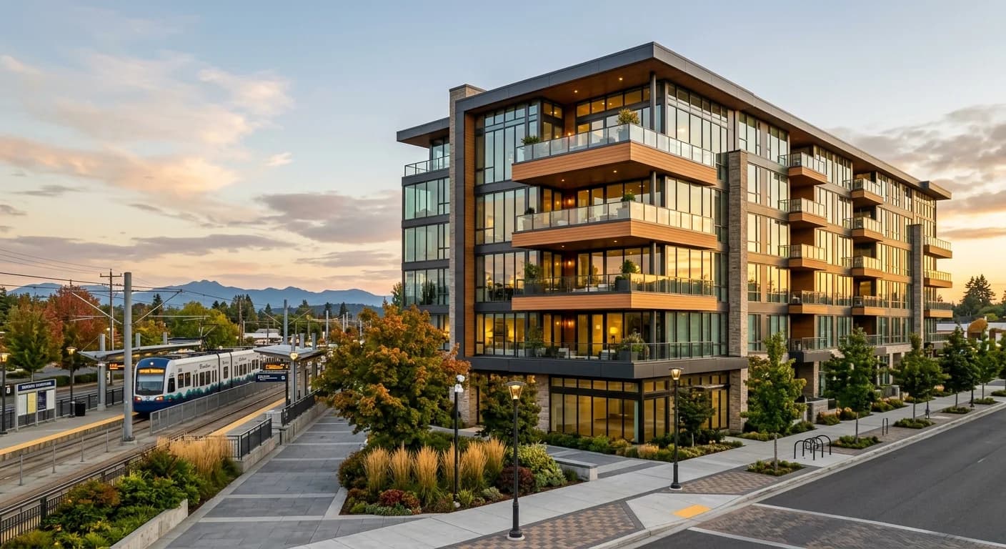 Downtown Redmond condo building near light rail representing a condo listing for sale