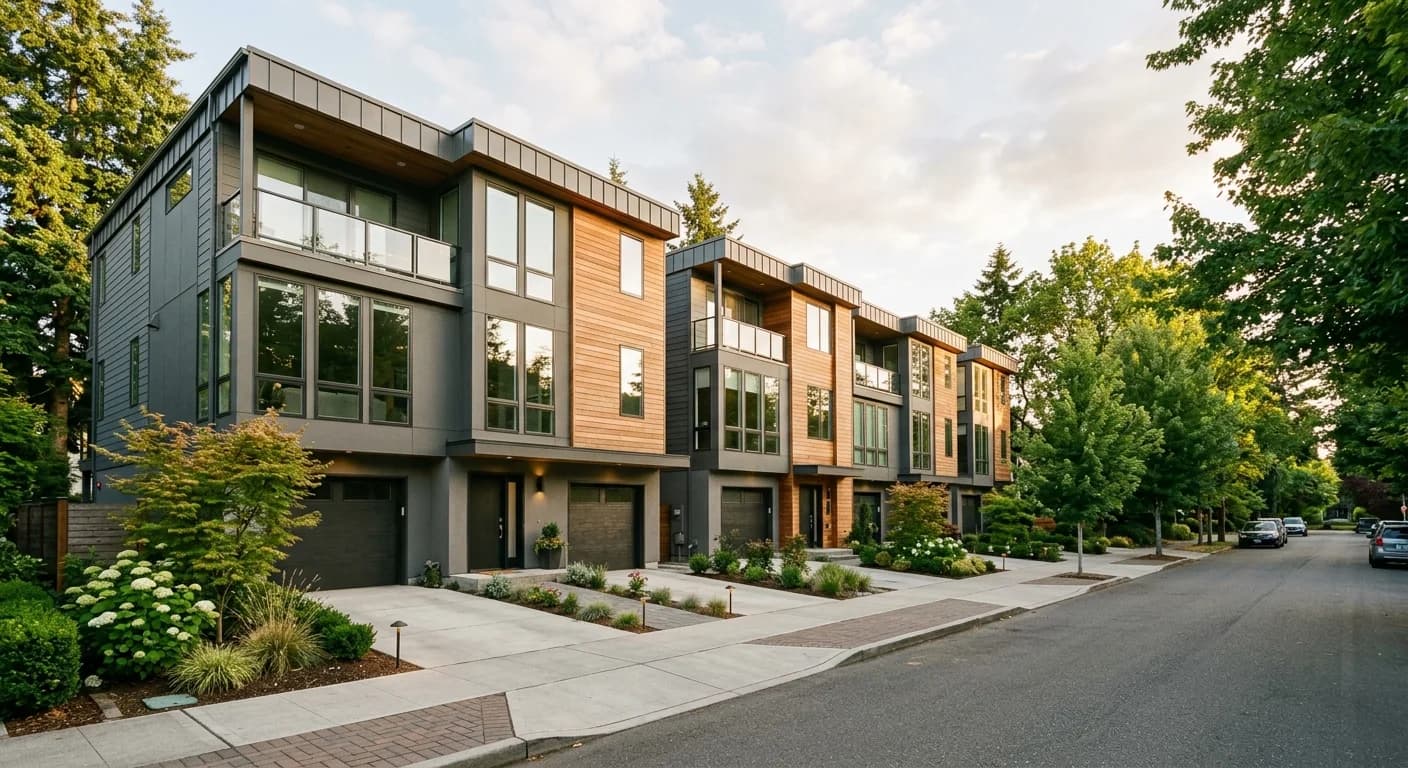 Modern Bellevue townhouse row prepared for sale with Eastside landscaping