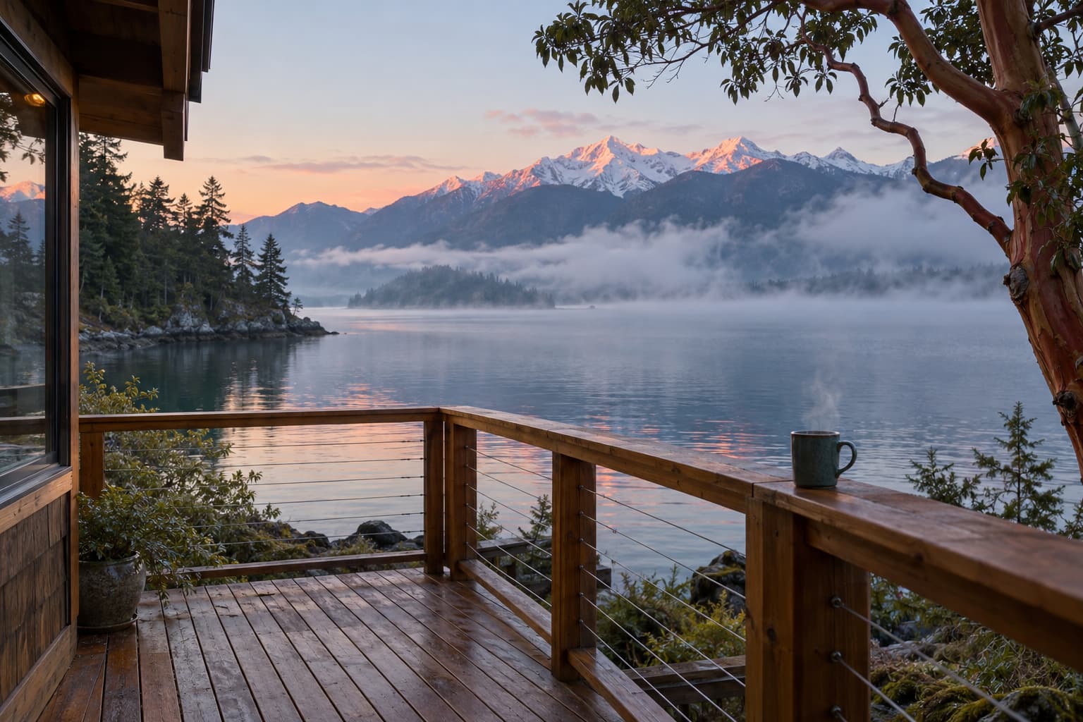 Owner standing on the deck of a Hood Canal cabin at dawn looking across the water, coffee in hand, deciding