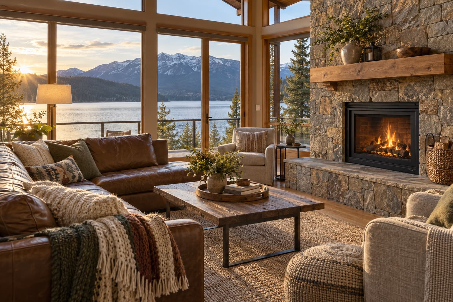 Furnished lakeside vacation rental living room with floor-to-ceiling windows onto Lake Wenatchee, staged for listing photos