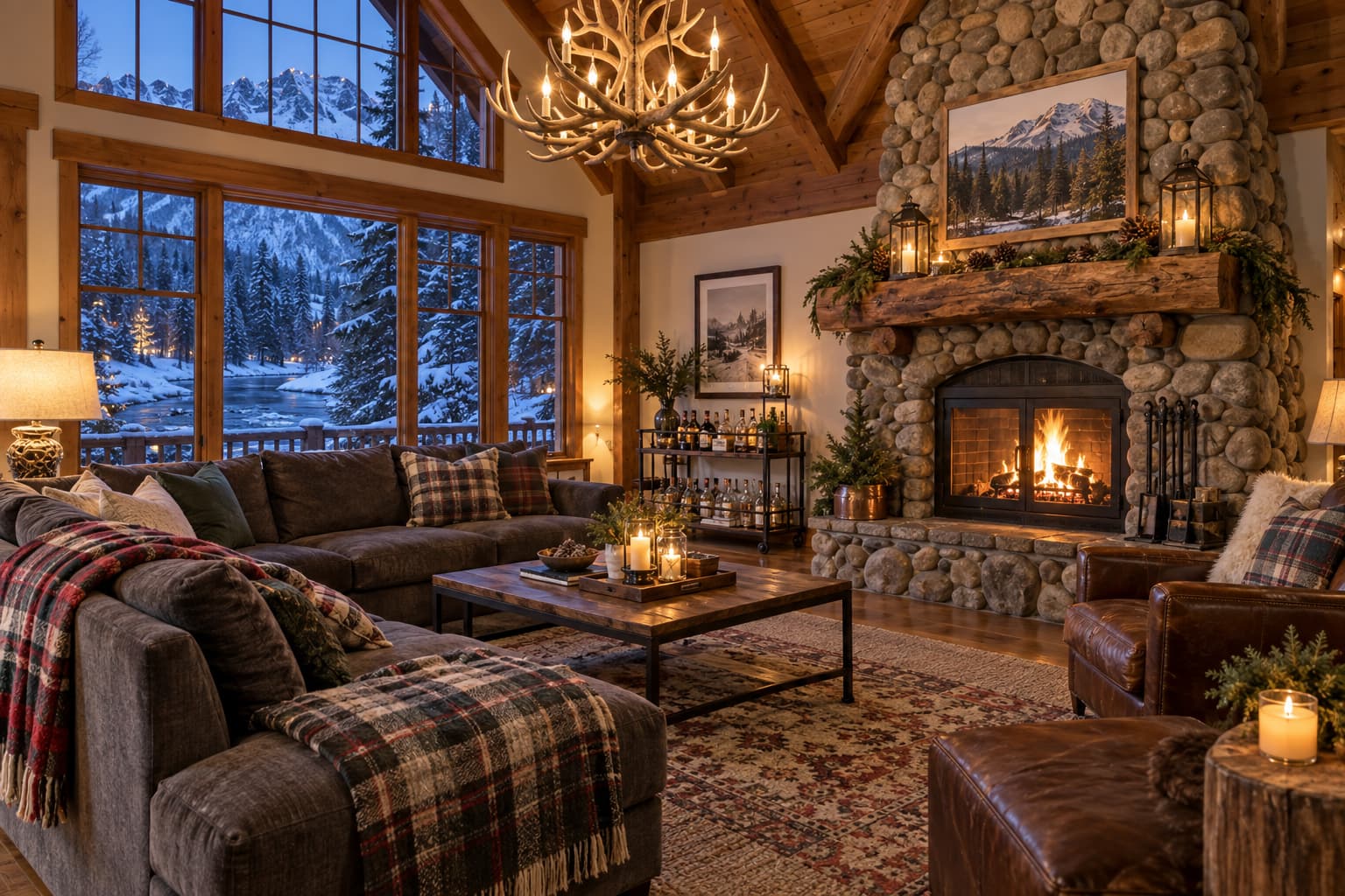 Fully furnished Leavenworth chalet living room with a stone hearth, a stocked bar cart and folded throws, photographed for a turnkey listing