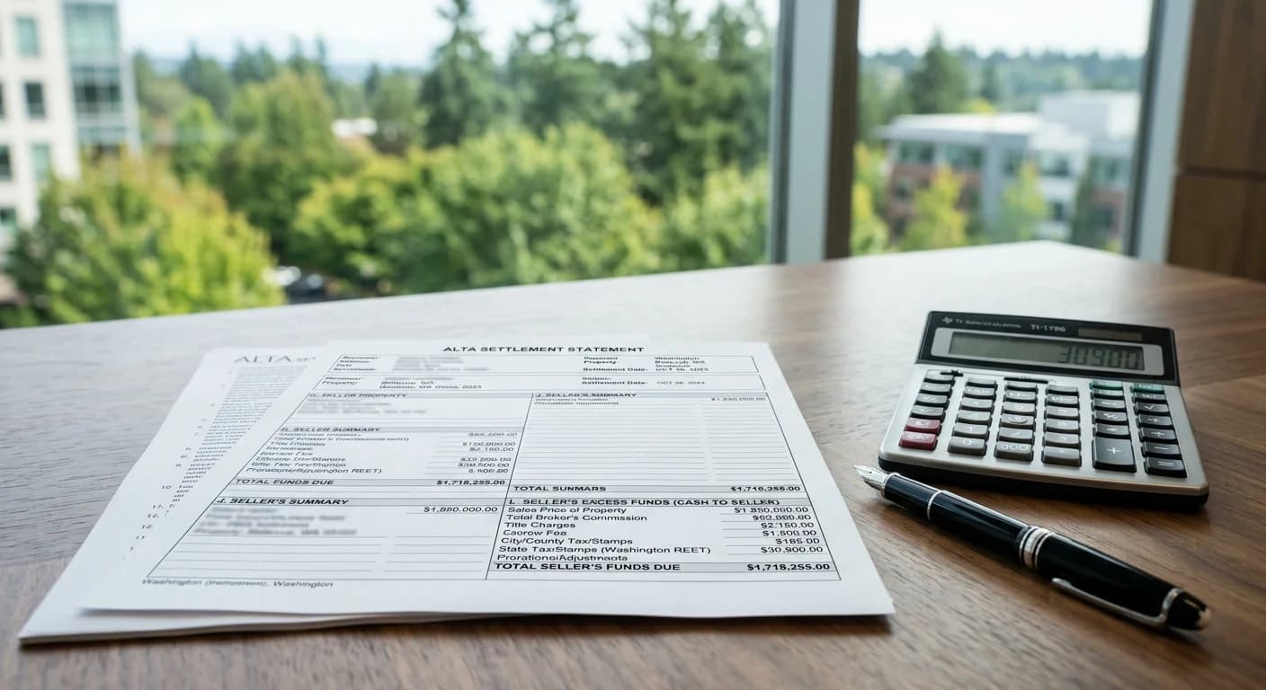 Bellevue closing table with a seller settlement statement representing seller closing costs and excise tax