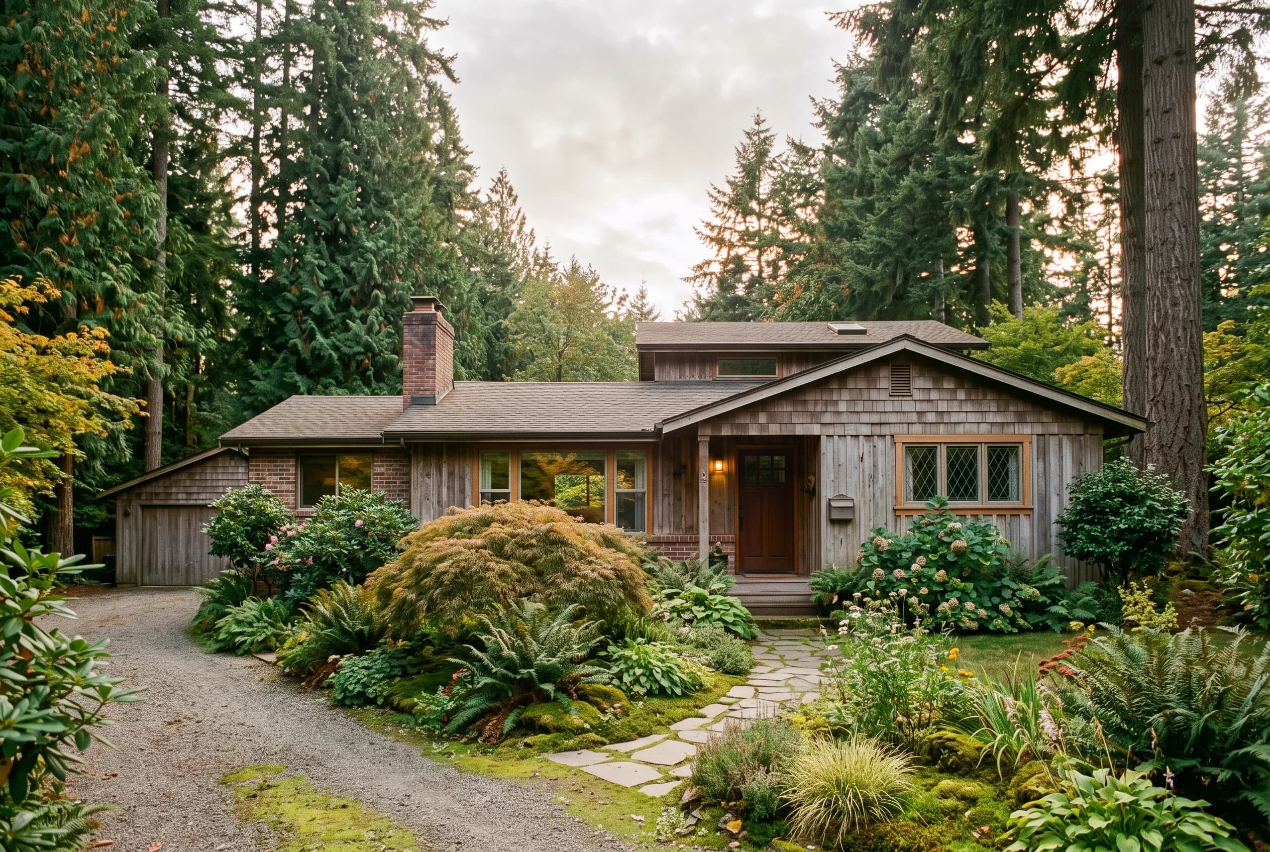 Established Woodinville home with mature evergreens representing an inherited estate property