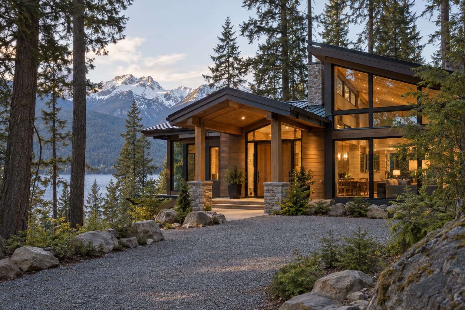 Modern cabin on a forested lot near Lake Wenatchee with a gravel drive and mountain light, typical of a Washington second-home purchase