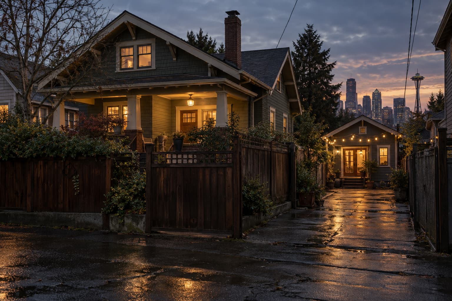 Seattle Craftsman with a detached backyard cottage and a lit porch at dusk, the kind of second unit the city's short-term rental license covers
