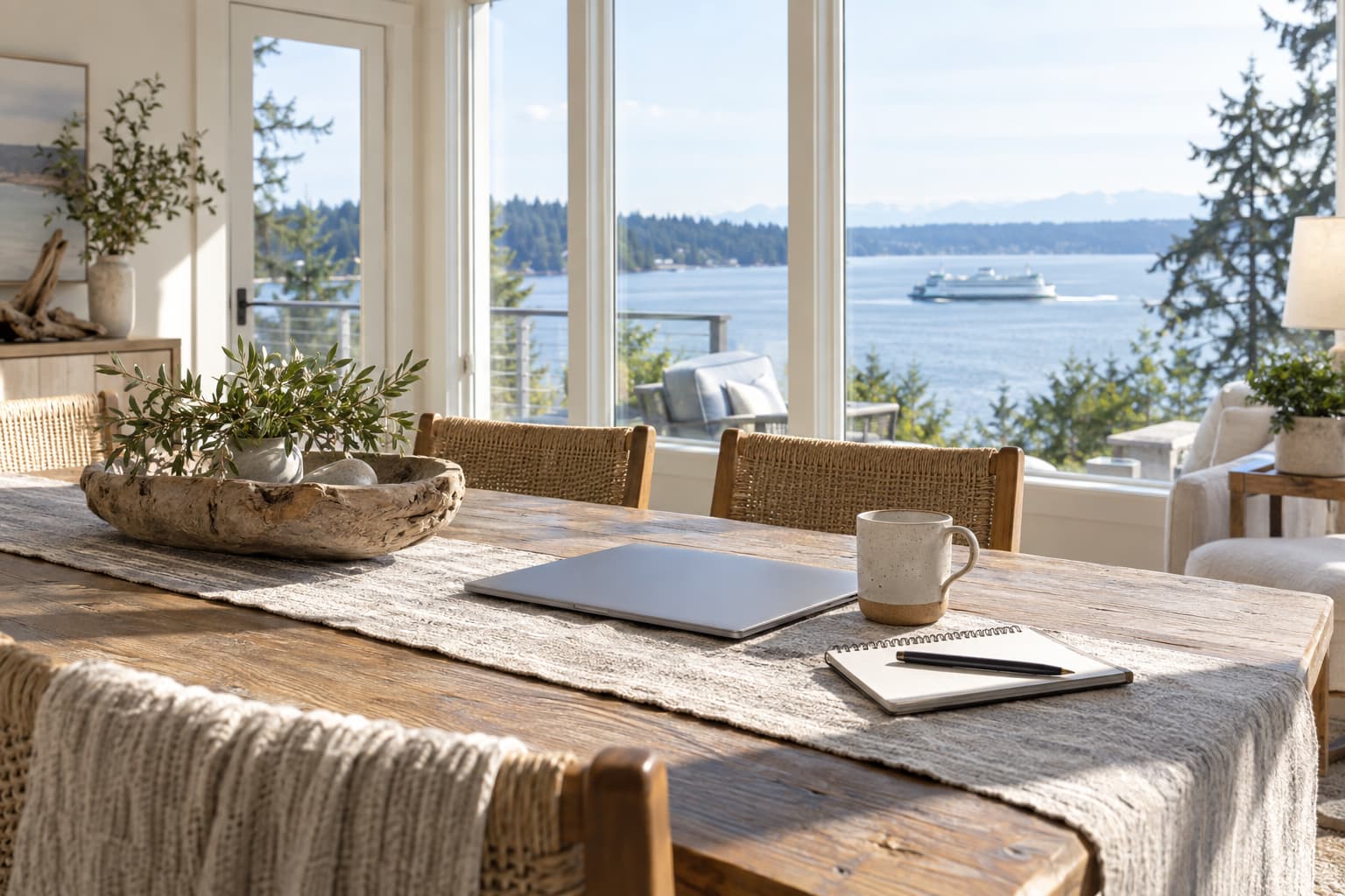 Sunlit dining table in a furnished Washington vacation rental with a laptop, a notebook and a view of Puget Sound through the window