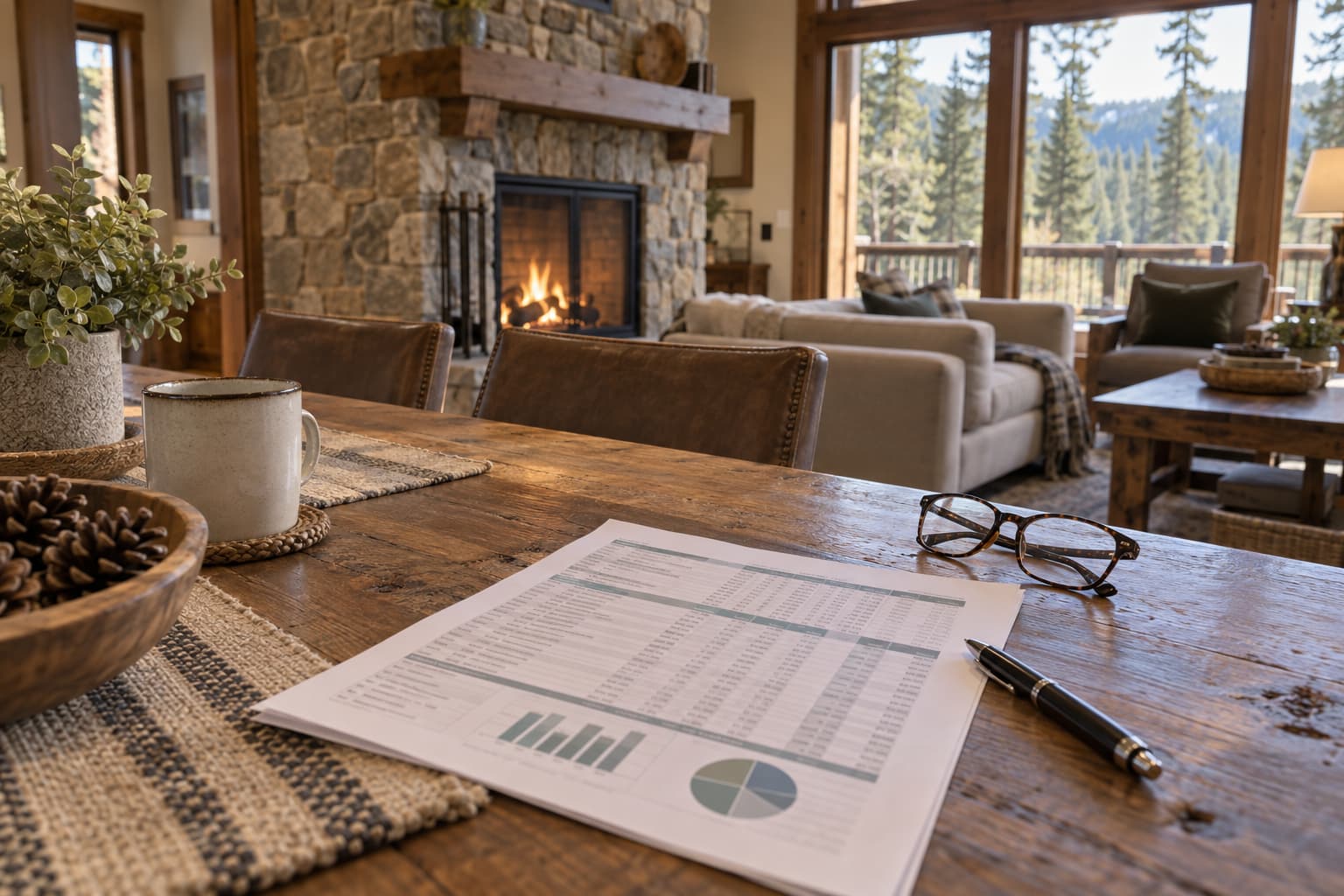 Broker and homeowner reviewing a printed net sheet at a farmhouse table inside a furnished Suncadia rental with a stone fireplace