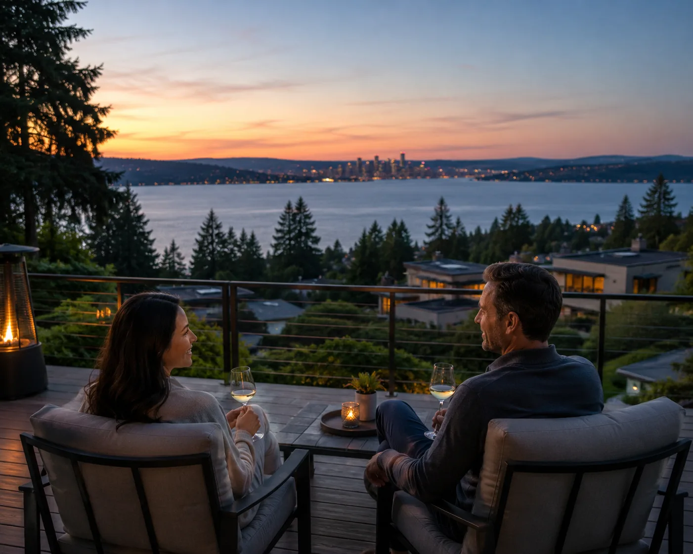 Homeowners on a West Bellevue view deck at dusk overlooking Lake Washington and the Seattle skyline