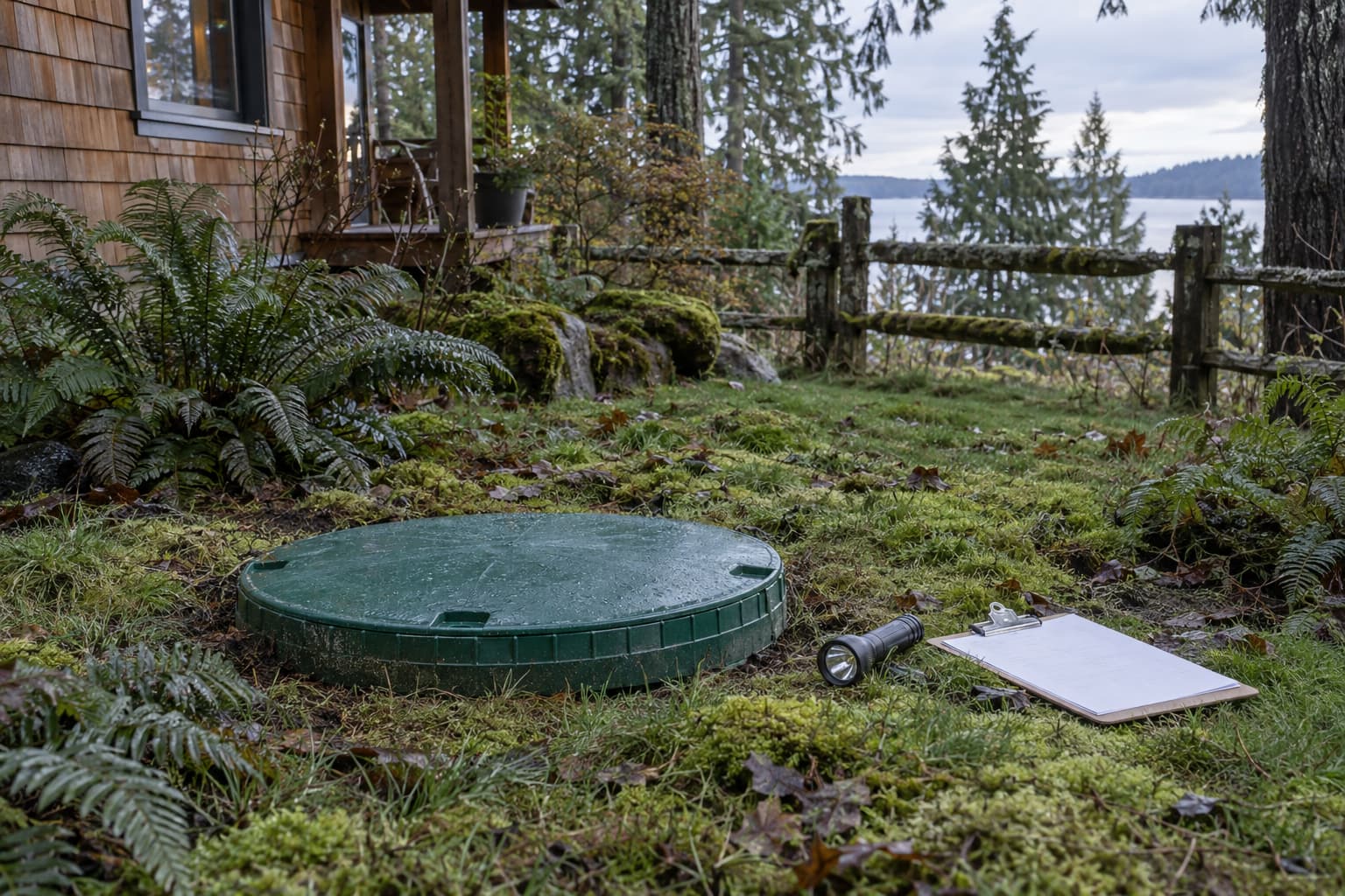 Inspector's flashlight on a septic tank lid in a mossy Whidbey Island yard beside a cedar cabin, morning light