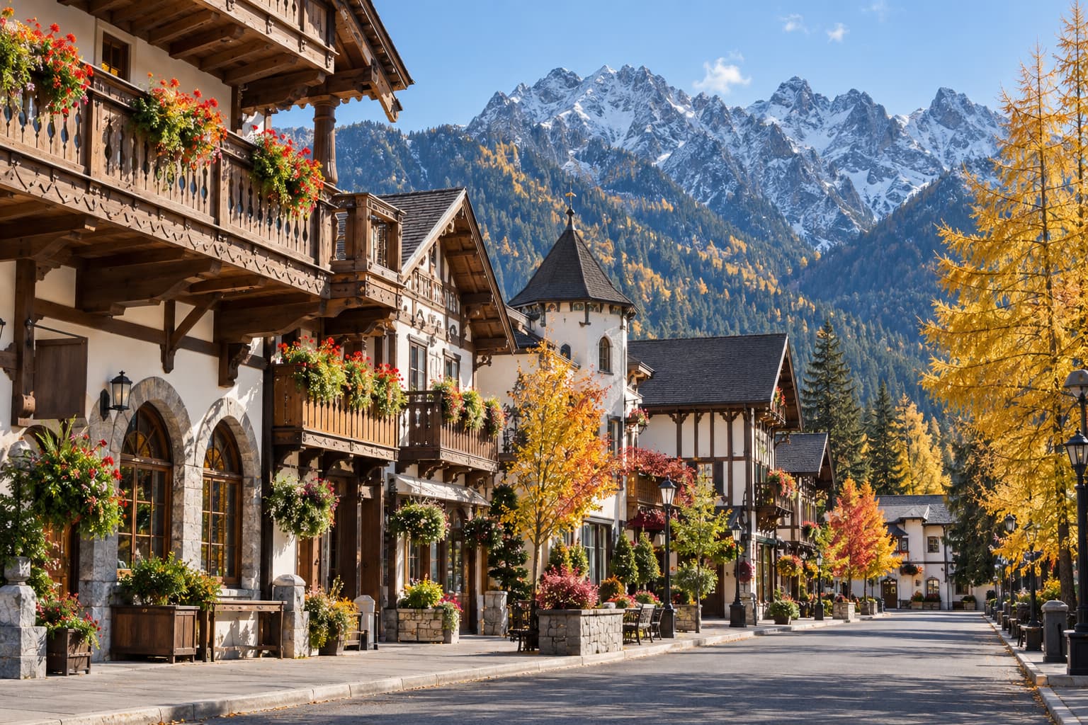 Bavarian-style storefronts and cabins in Leavenworth, Washington under a clear autumn sky with the Cascades behind