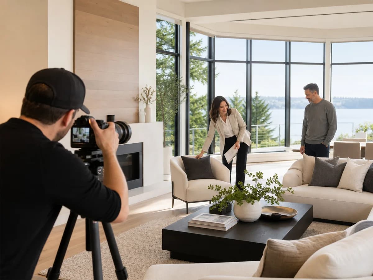 Professional real estate photography and staging team preparing a Bellevue waterfront home for market