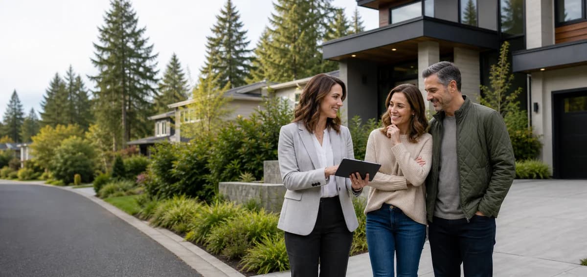 RexMont real estate advisor reviewing a Pacific Northwest listing strategy with Bellevue homeowners outside a modern home