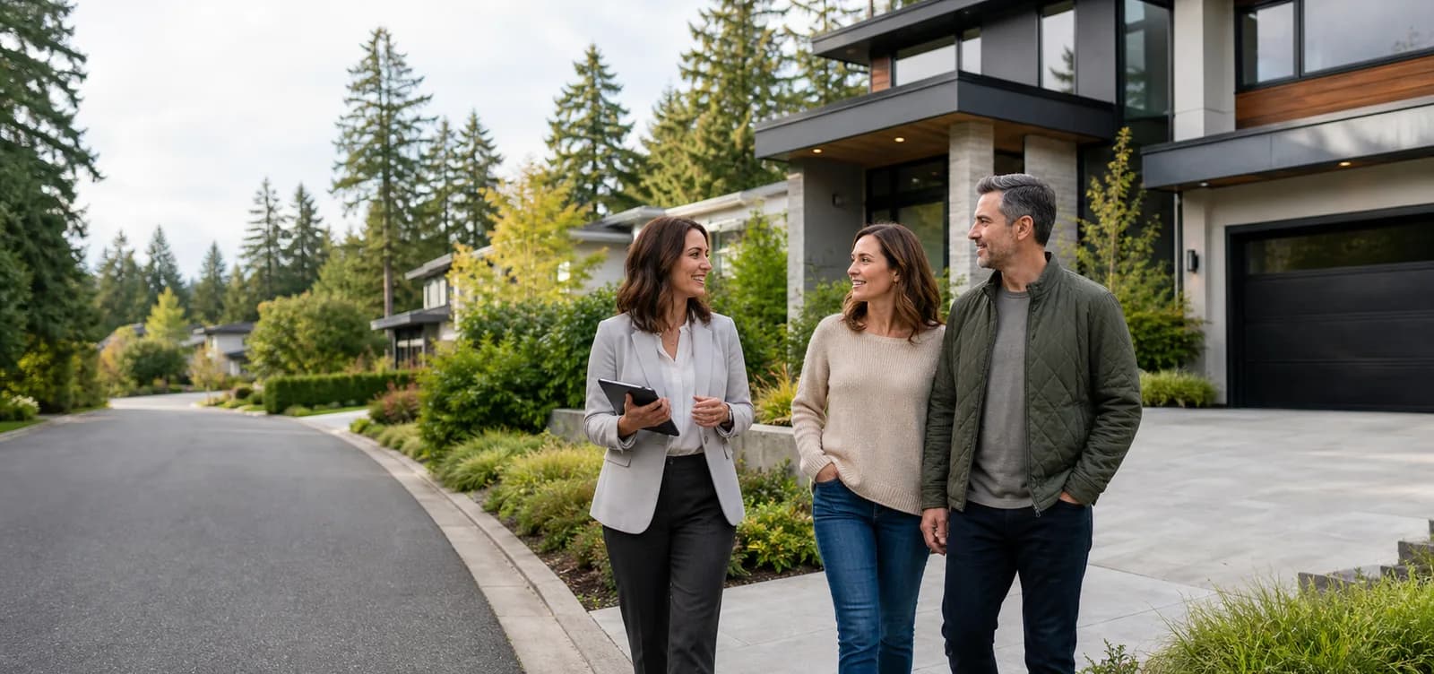 RexMont advisor consulting with Pacific Northwest home sellers outside a modern Bellevue home
