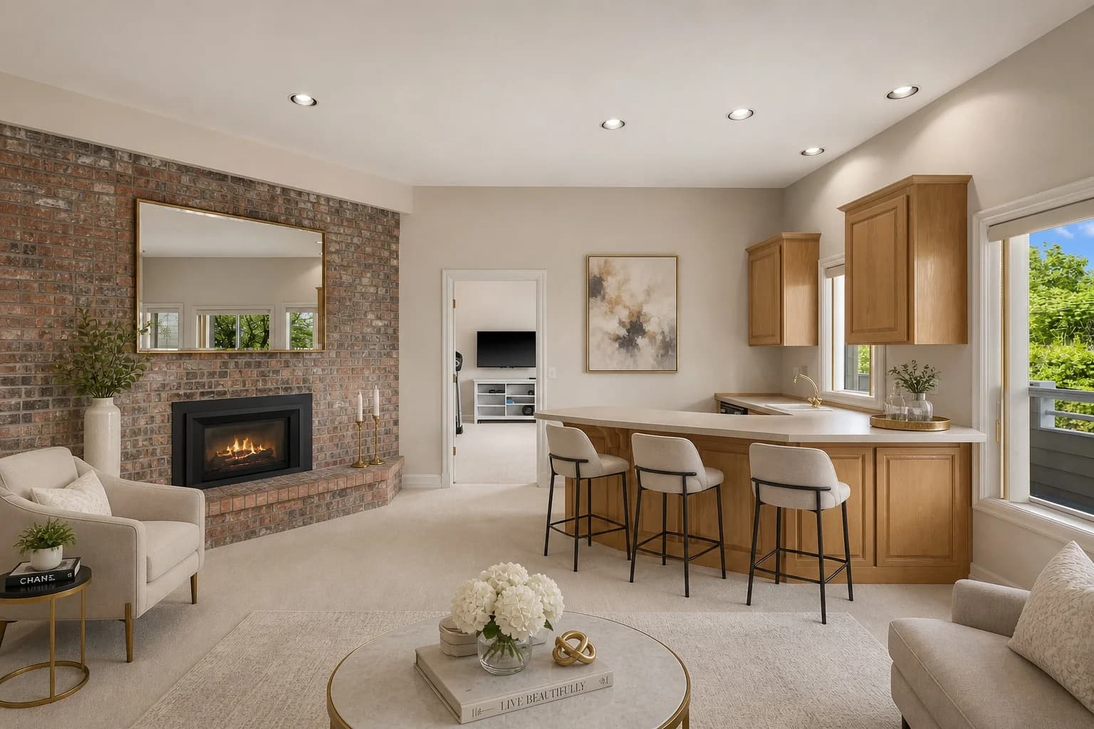 Staged open-concept living and kitchen area
