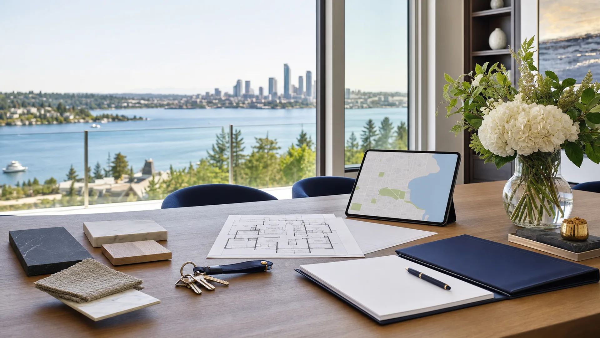 Bellevue luxury listing strategy table with floor plan, materials, and Lake Washington view