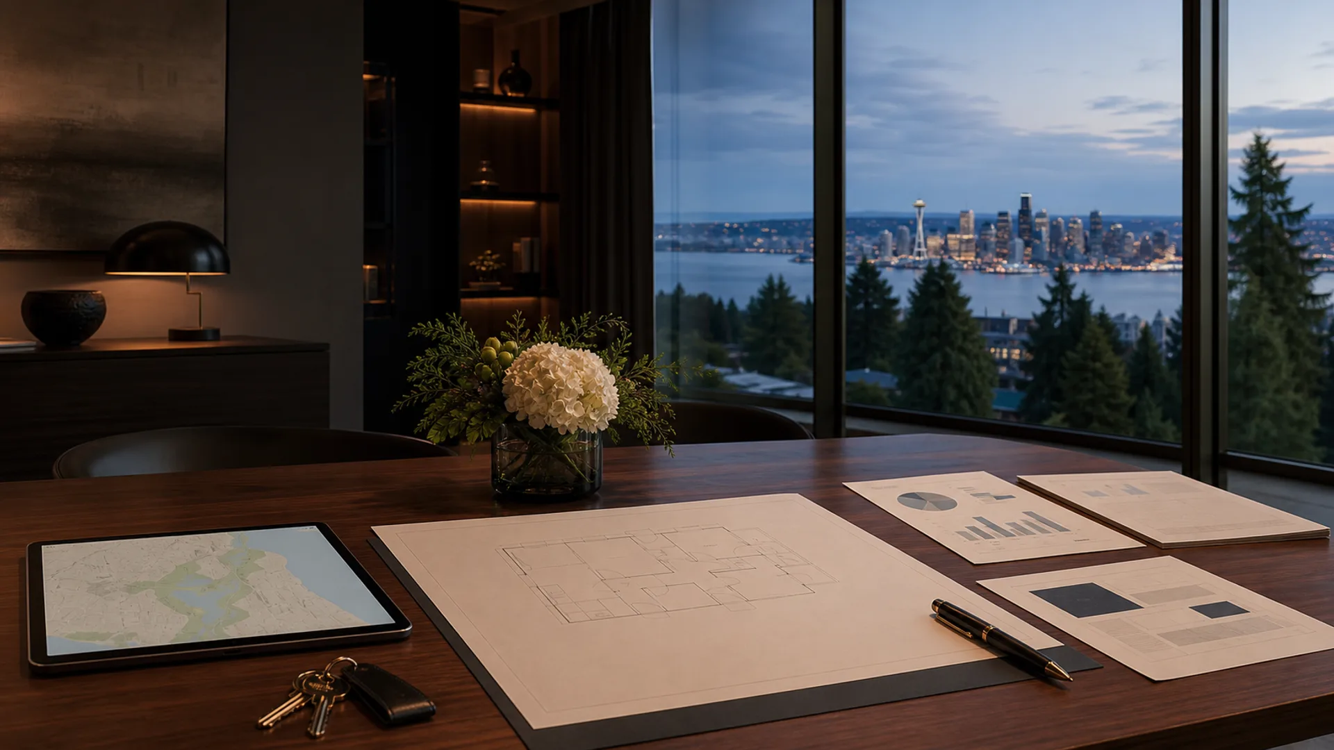 Seattle luxury listing strategy table with floor plan, market pages, and skyline view