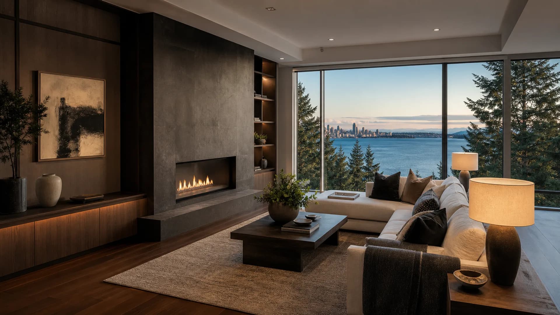 Staged Seattle luxury home interior with skyline and water views