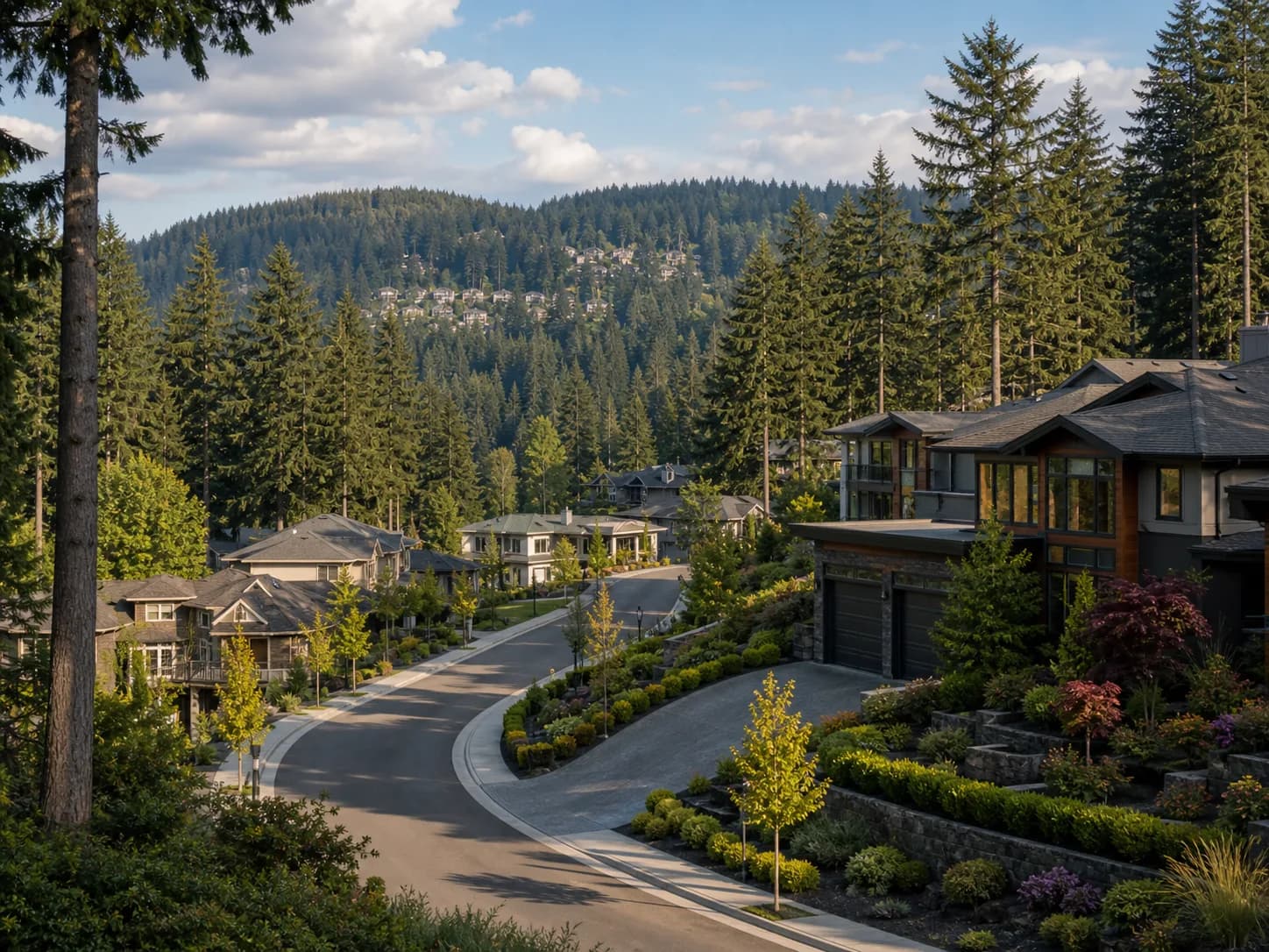 Lakemont Bellevue neighborhood homes near Cougar Mountain and mature evergreens