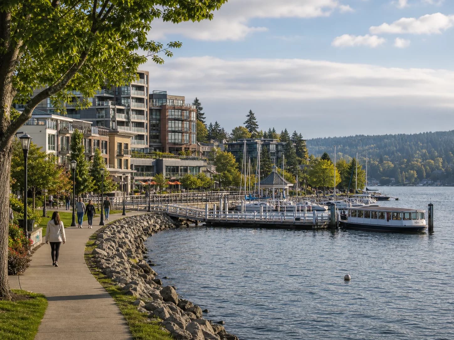 Kirkland waterfront on Lake Washington with marina and downtown lifestyle