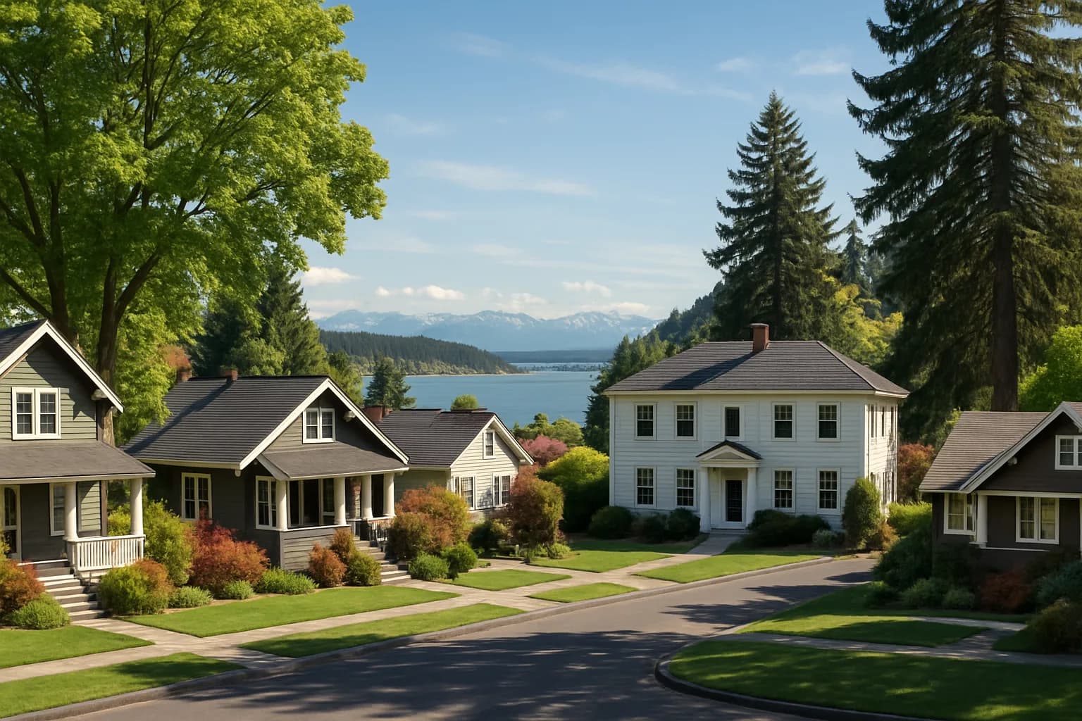 Renton neighborhood with craftsman homes, Lake Washington views, and Cascade Mountain backdrop