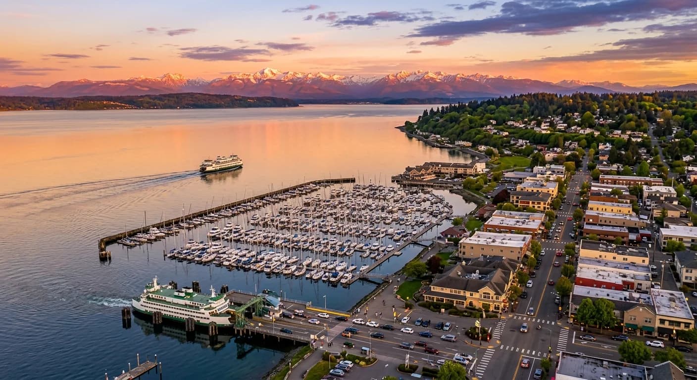 Downtown Edmonds waterfront with the Kingston ferry, marina, and Puget Sound sunset toward the Olympic Mountains
