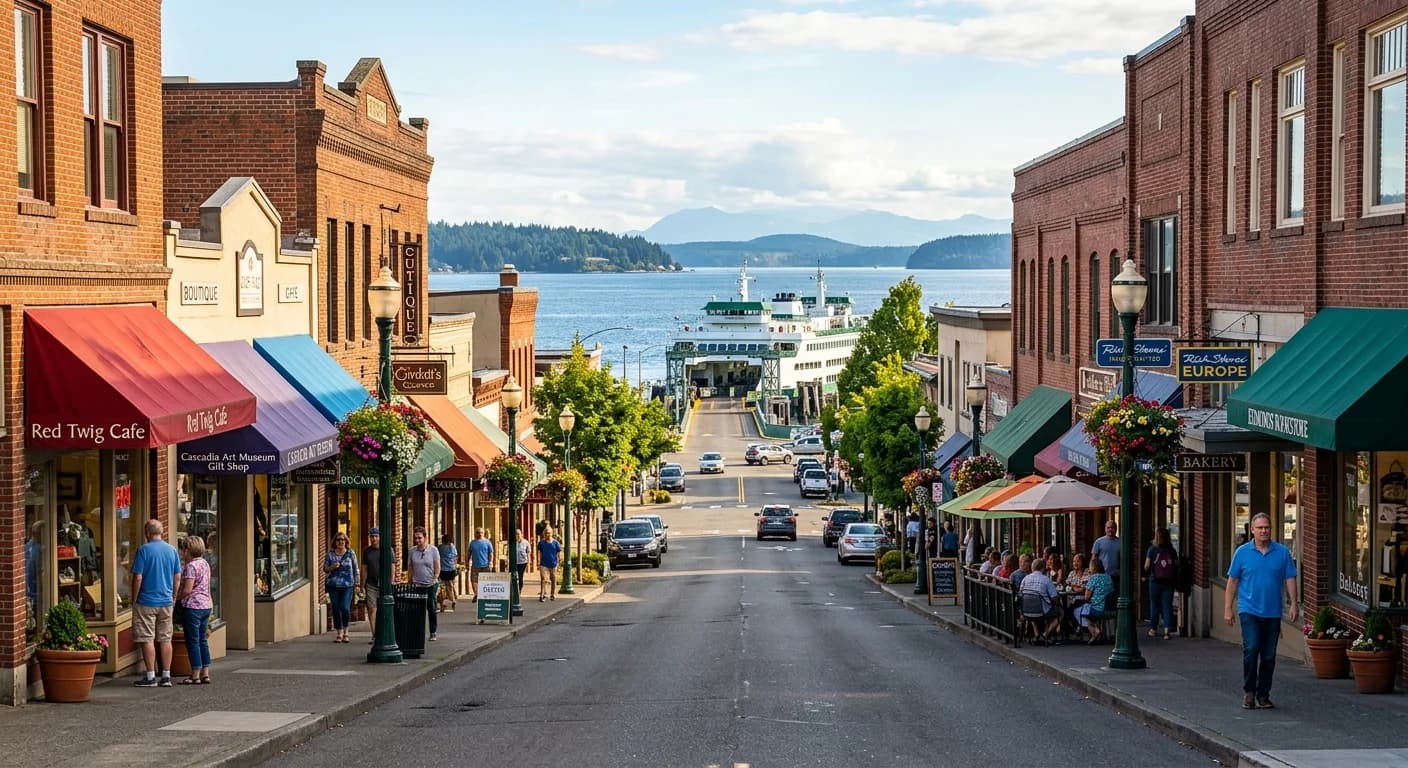 Downtown Edmonds walkable Main Street and waterfront with the Kingston ferry and Puget Sound