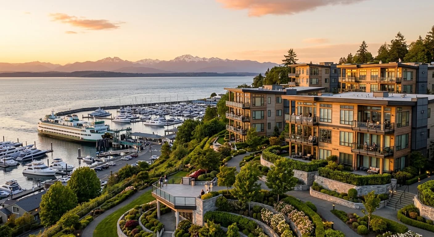Point Edwards gated luxury condominium community on the bluff above the Edmonds marina with Sound views