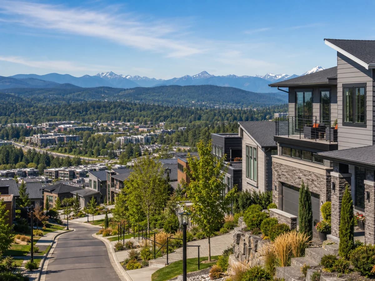 Issaquah Highlands modern hillside homes with Cascade foothill views