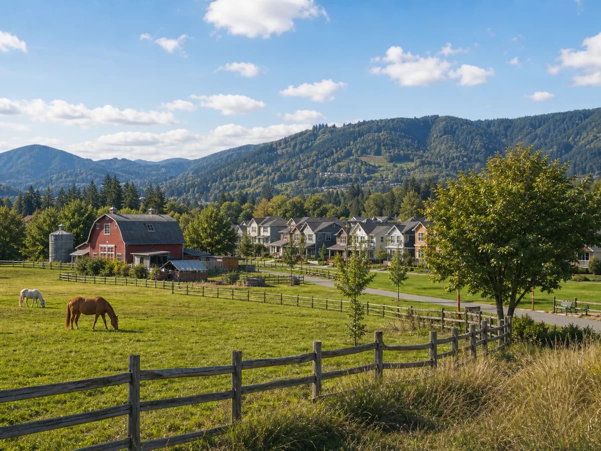 Issaquah Valley homes near open fields and Cascade foothills
