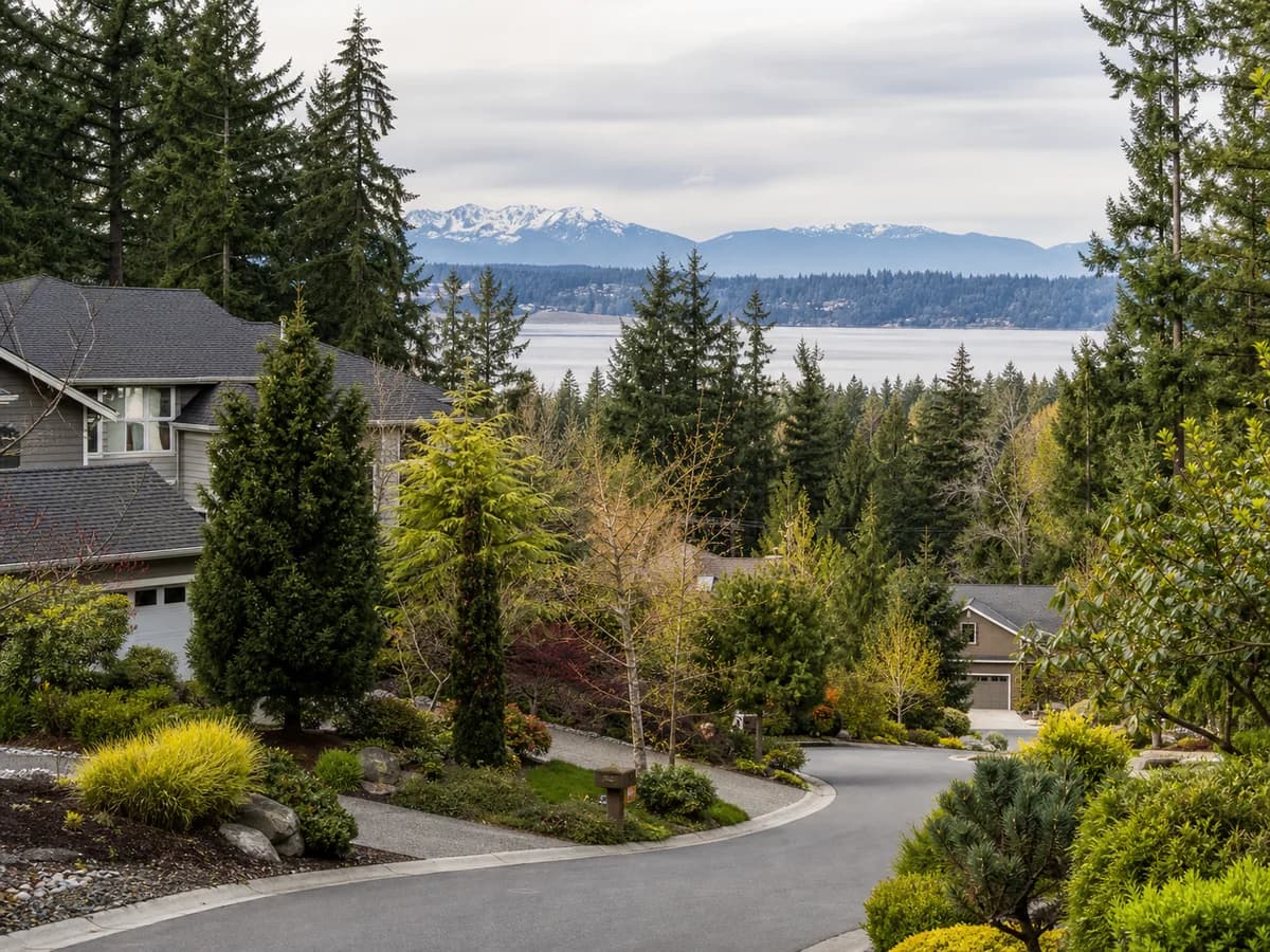 Finn Hill Kirkland wooded homes with Lake Washington and mountain views