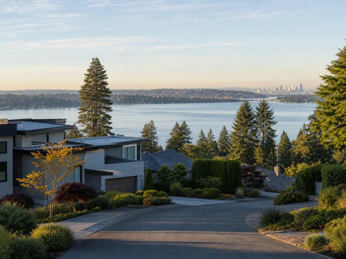 Houghton Kirkland hillside homes with Lake Washington views and mature trees