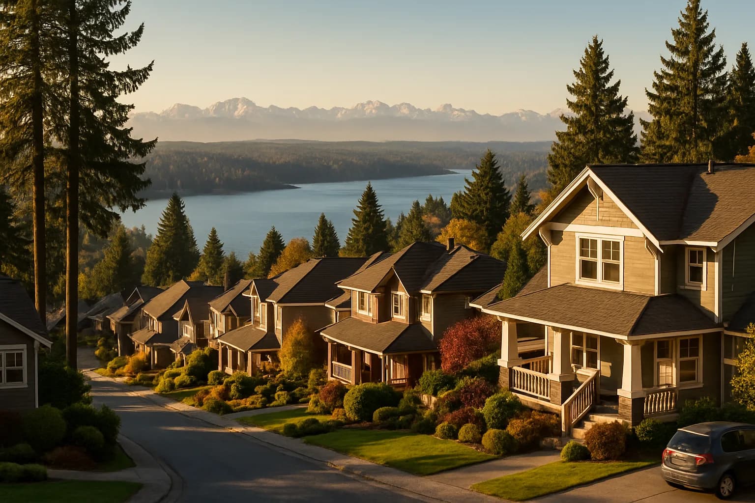 Renton Highlands view district with craftsman homes and Lake Washington and Olympic Mountain panorama