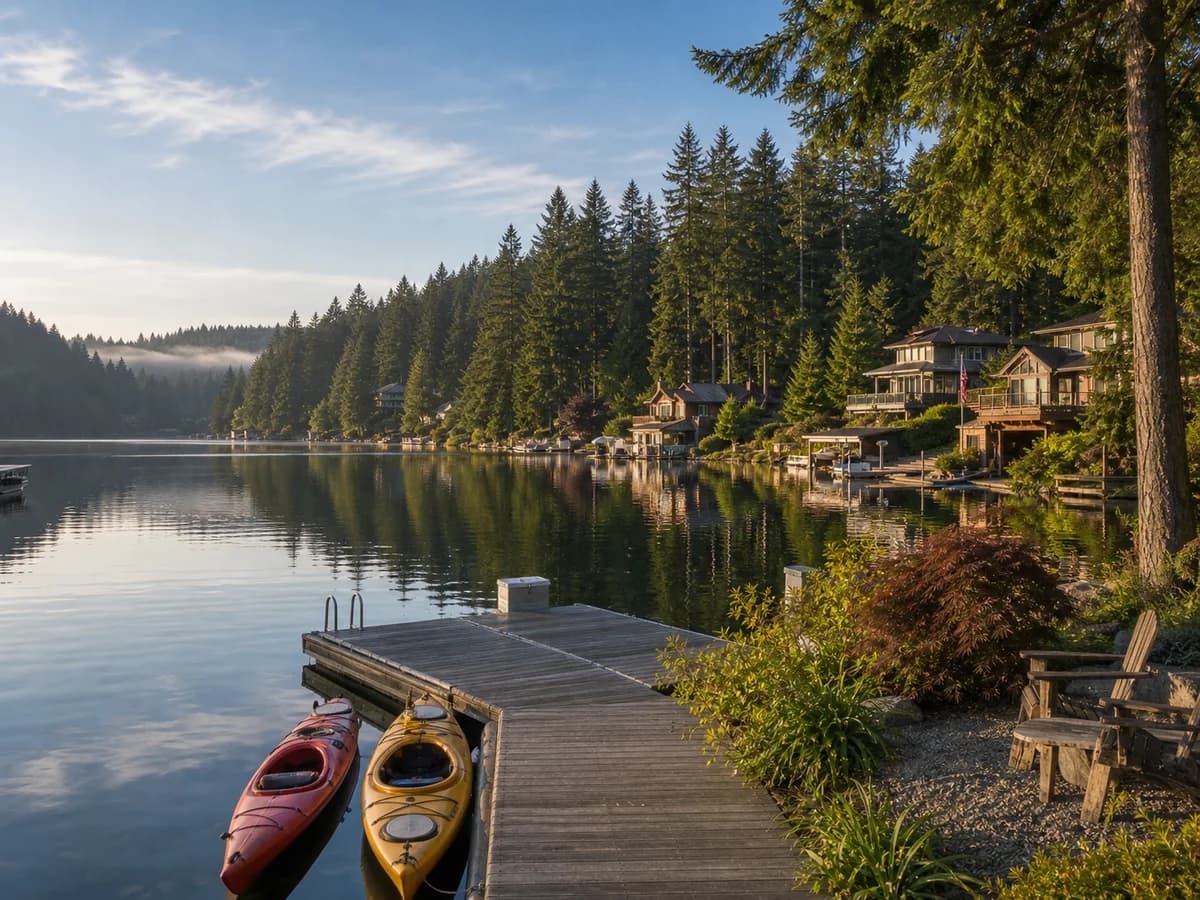 Beaver Lake Sammamish recreational lake homes with wooded shoreline