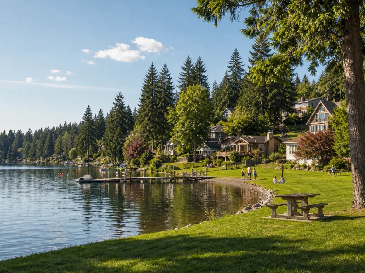 Cottage Lake Woodinville homes around a wooded lake and community park