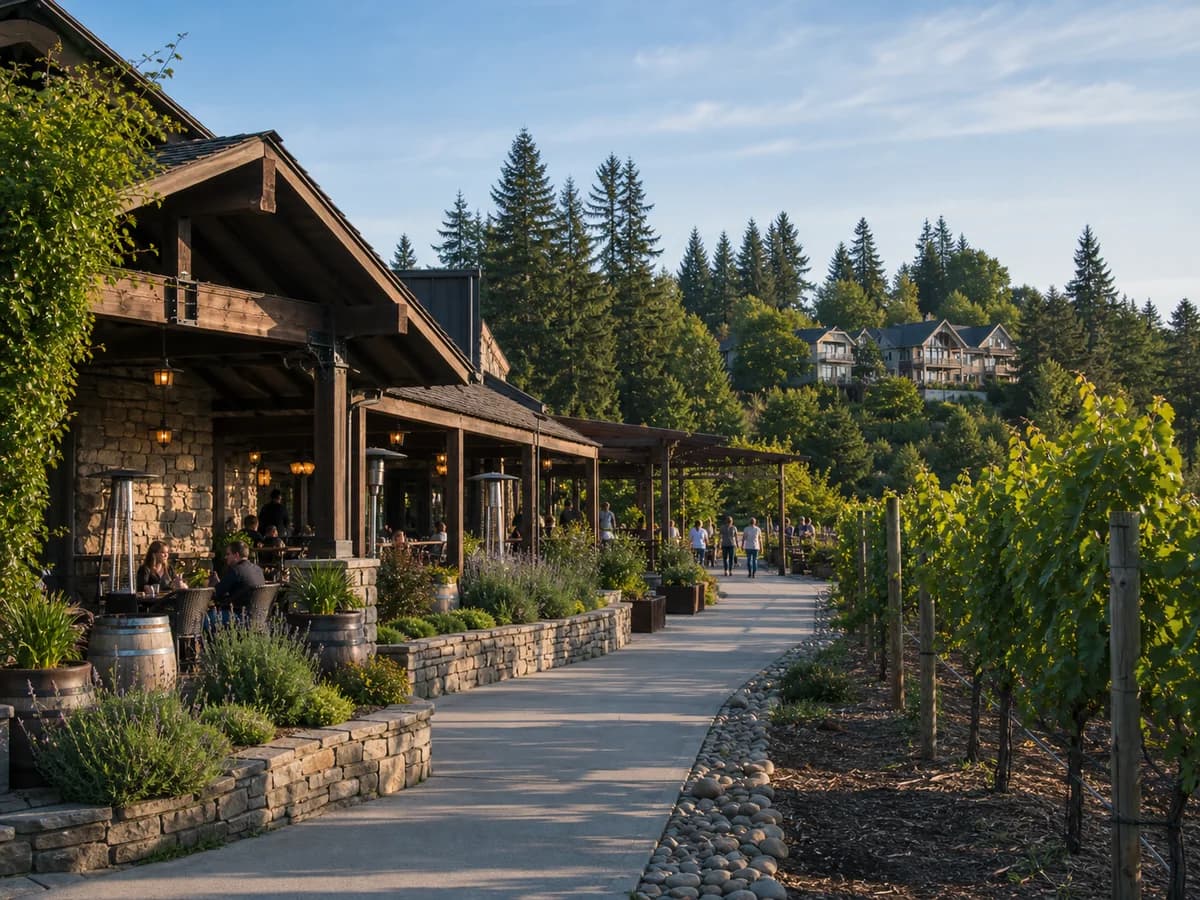 Woodinville Tourist District tasting-room lifestyle near vineyards and valley greenery
