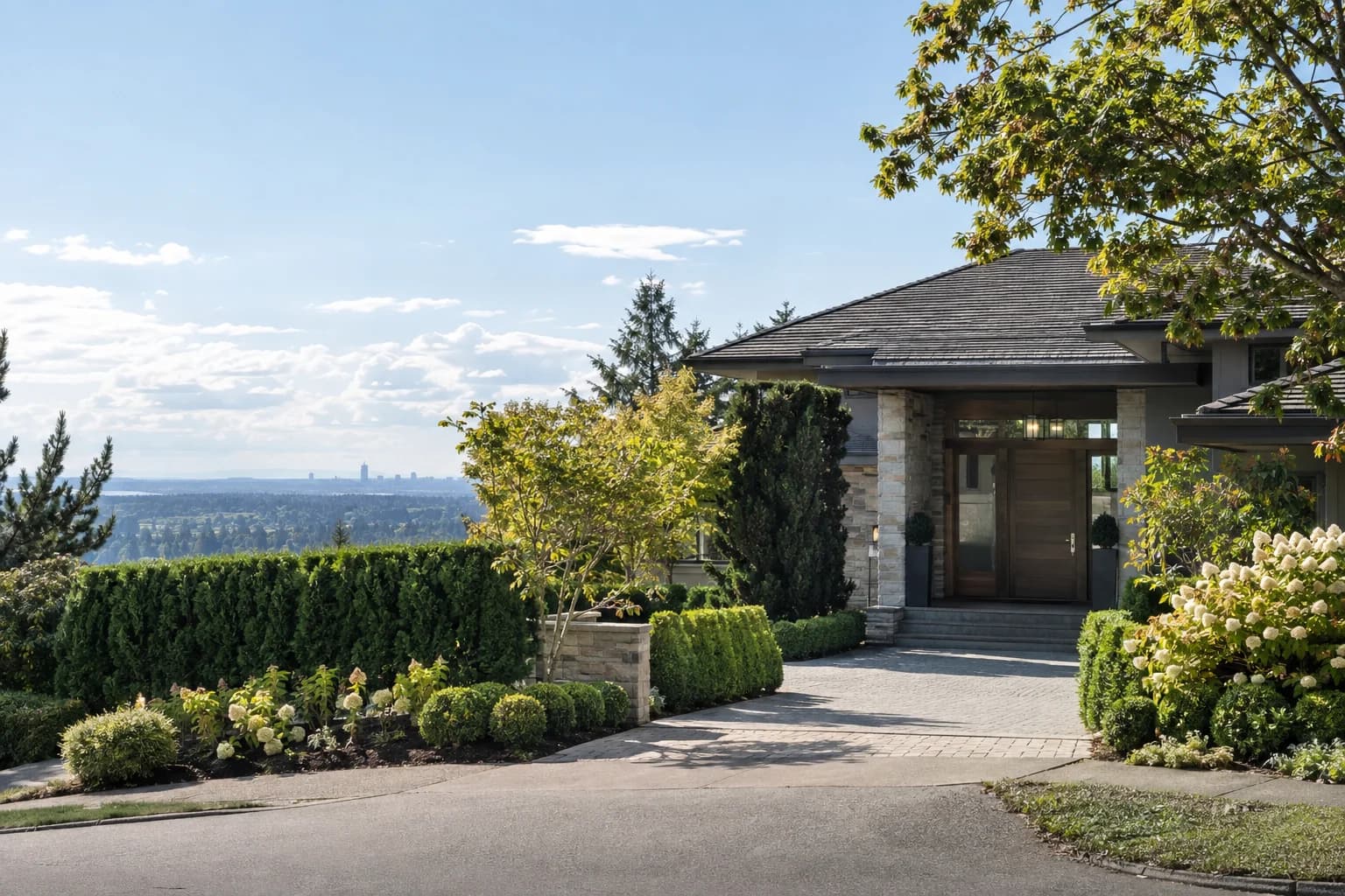 Quiet affluent residential street with a refined front entry and mature hedges in Bellevue — RexMont Real Estate