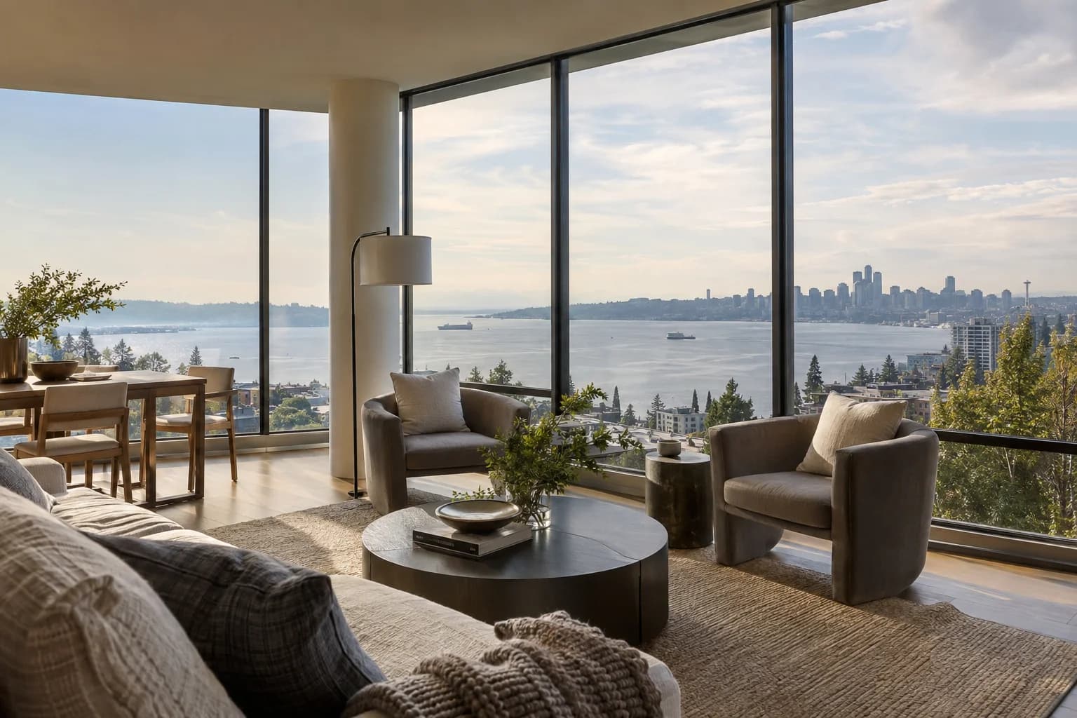 Glass corner-unit interior with refined furniture and abstract city lights in Seattle — RexMont Real Estate