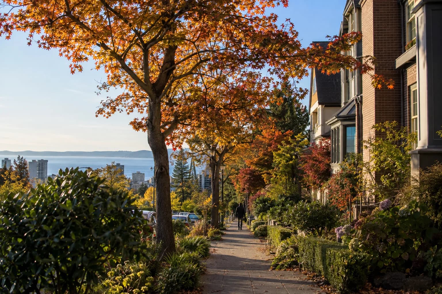 Tree-lined urban neighborhood with one distant adult walking away, office towers only abstract and far in Seattle — RexMont Real Estate