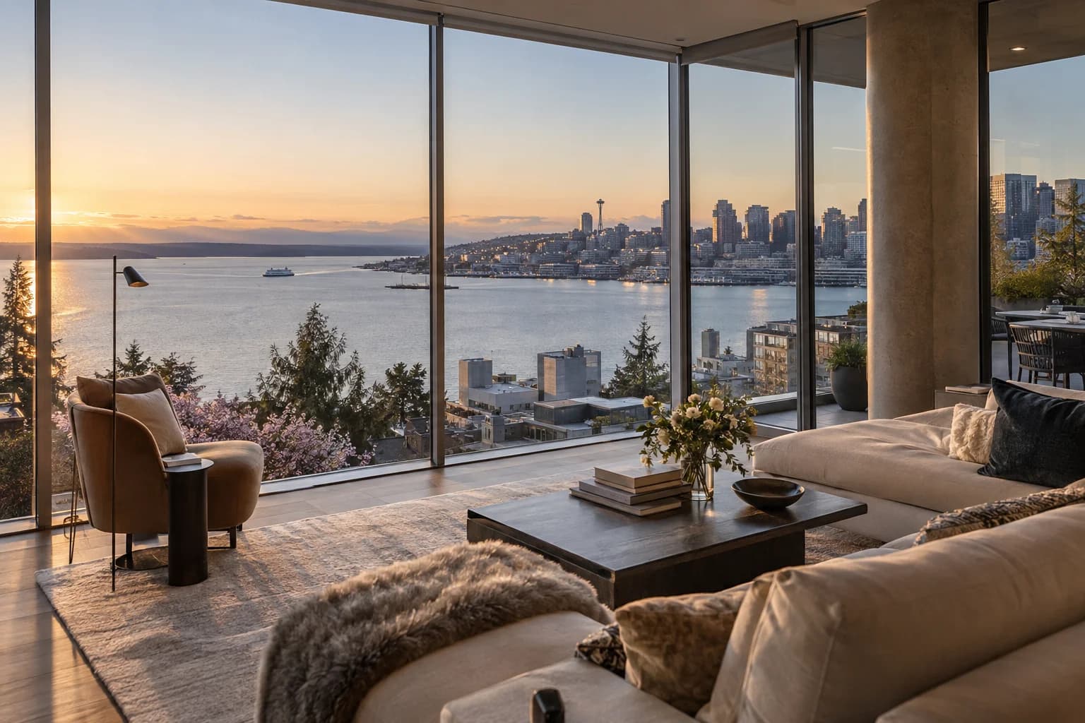 Glass corner-unit interior with refined furniture and abstract city lights in Seattle — RexMont Real Estate