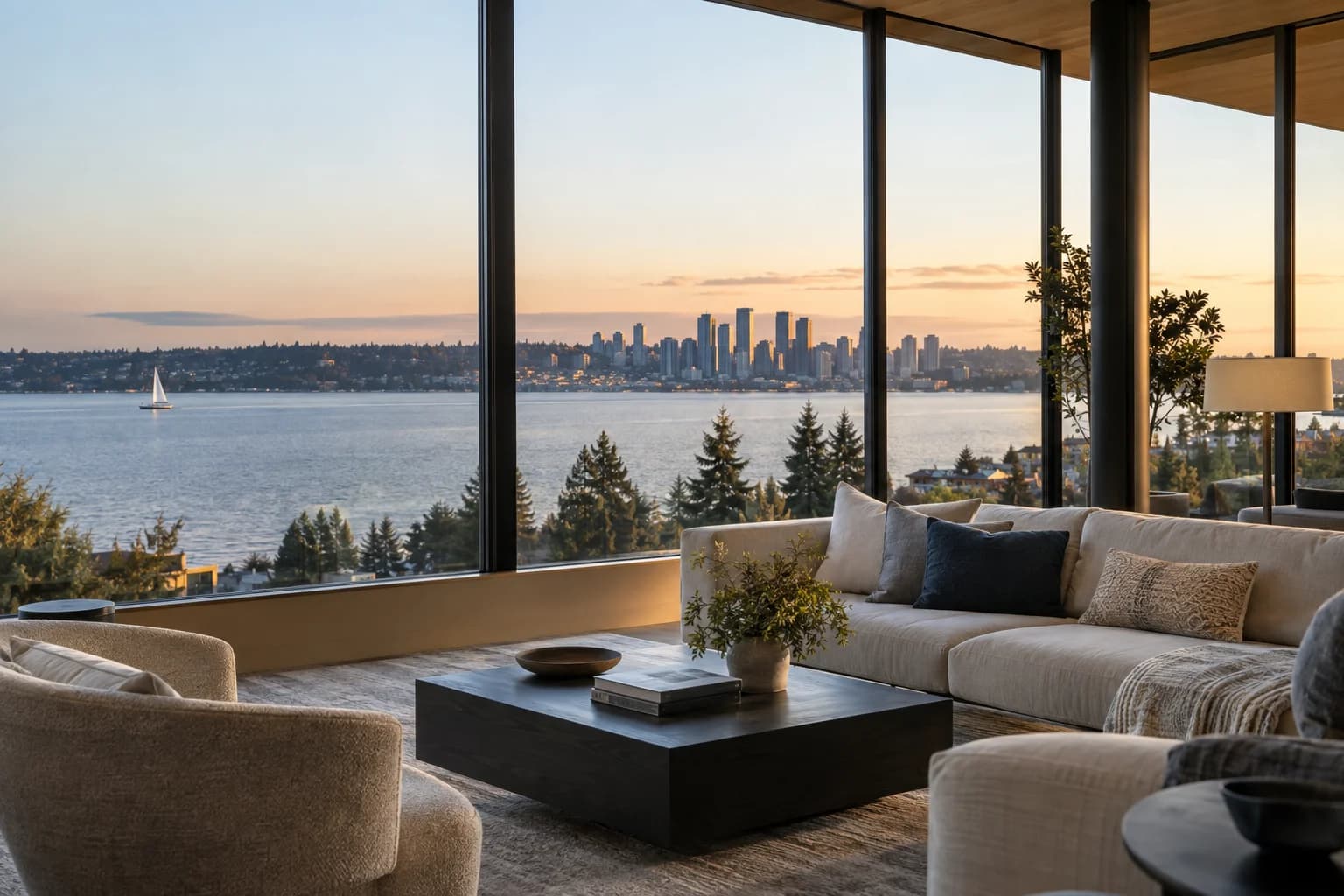 Amenity lounge with window wall and restrained city context in Bellevue — RexMont Real Estate