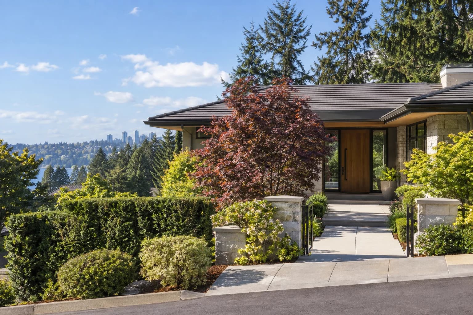 Quiet affluent residential street with a refined front entry and mature hedges in Bellevue — RexMont Real Estate