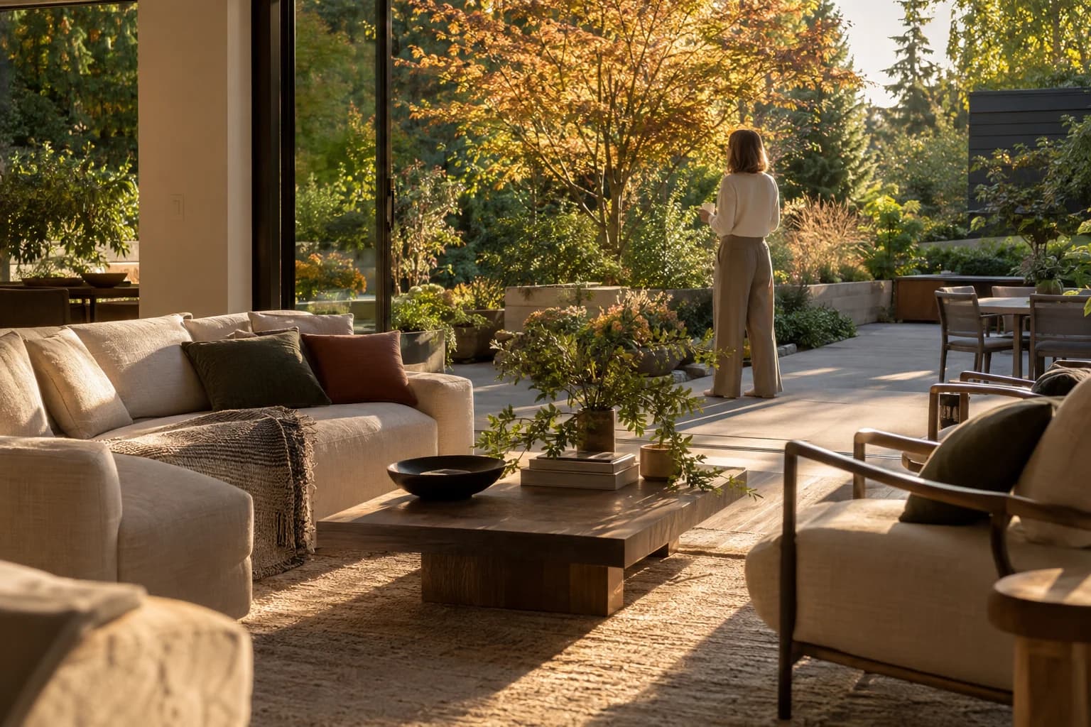 Soft morning living room looking toward a private garden in Bellevue — RexMont Real Estate