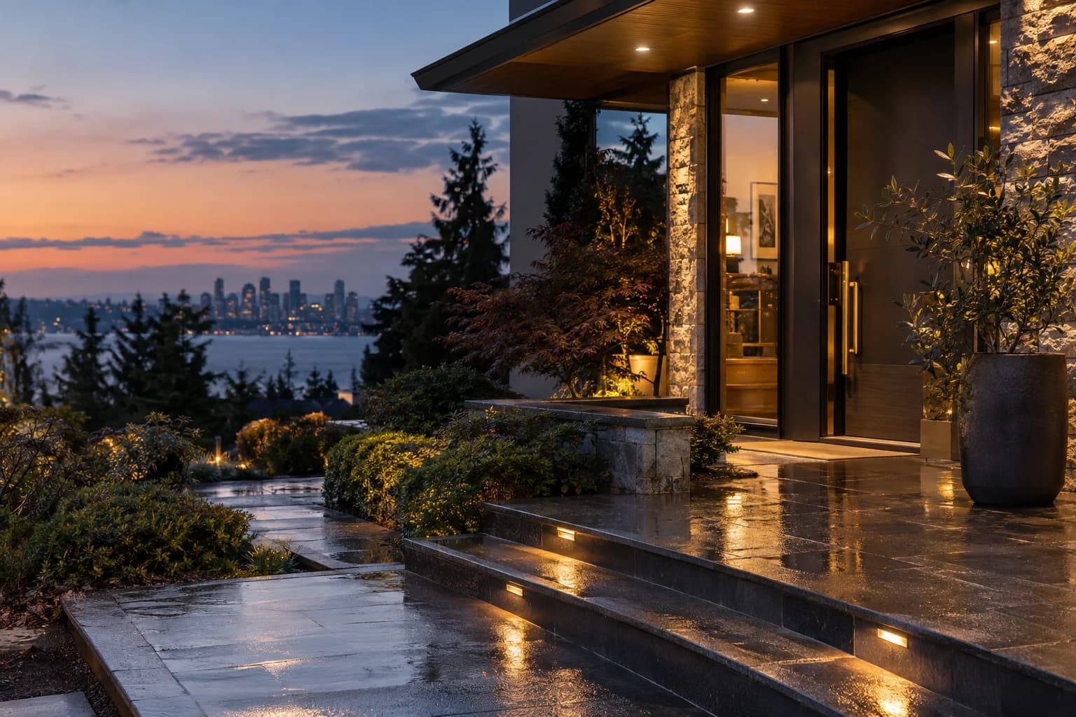 Close architectural entry detail with brass hardware, rain on slate steps in Bellevue — RexMont Real Estate