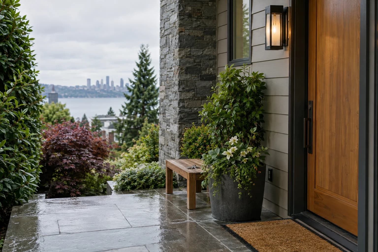 Rainy front porch of a well-kept rental townhome, keys on a small wood bench in Bellevue — RexMont Real Estate