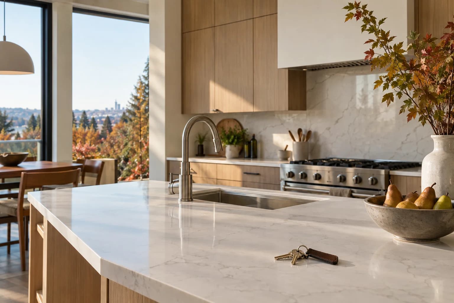 Bright neutral kitchen leasing moment, keys on a quartz counter, rental-ready home in Bellevue — RexMont Real Estate