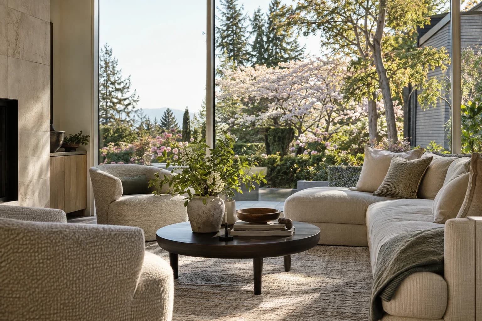 Soft morning living room looking toward a private garden in Bellevue — RexMont Real Estate