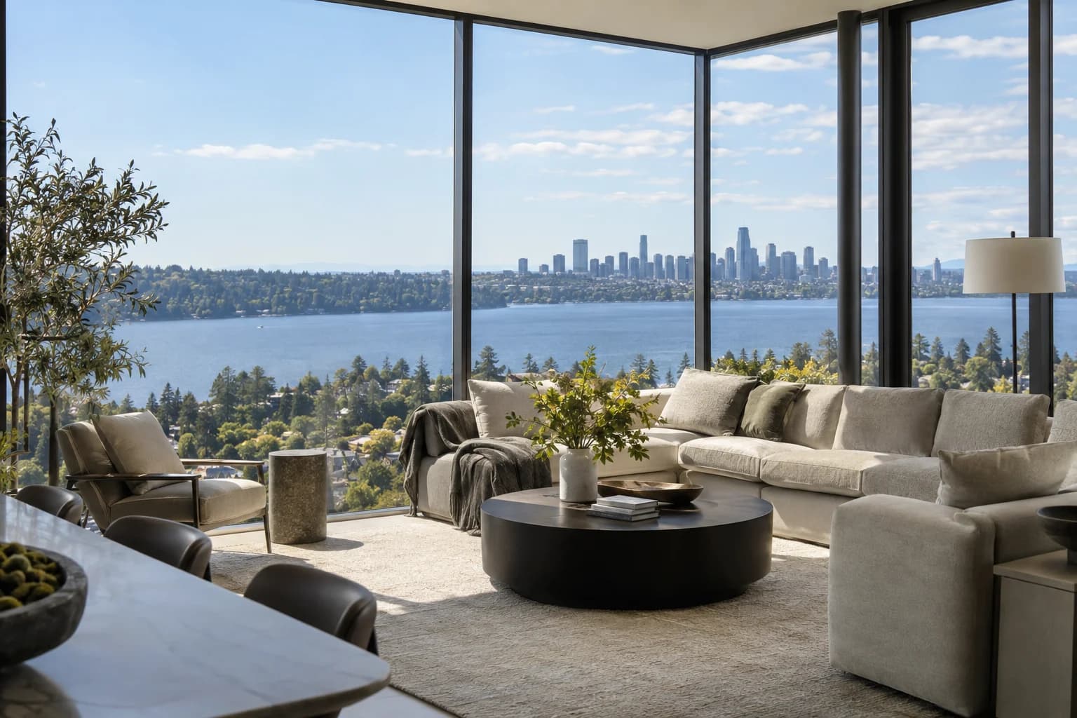 Glass corner-unit interior with refined furniture and abstract city lights in Bellevue — RexMont Real Estate